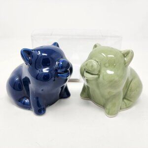 New True Living Navy Blue & Green Pigs Salt & Pepper Shakers Farmhouse Kitchen